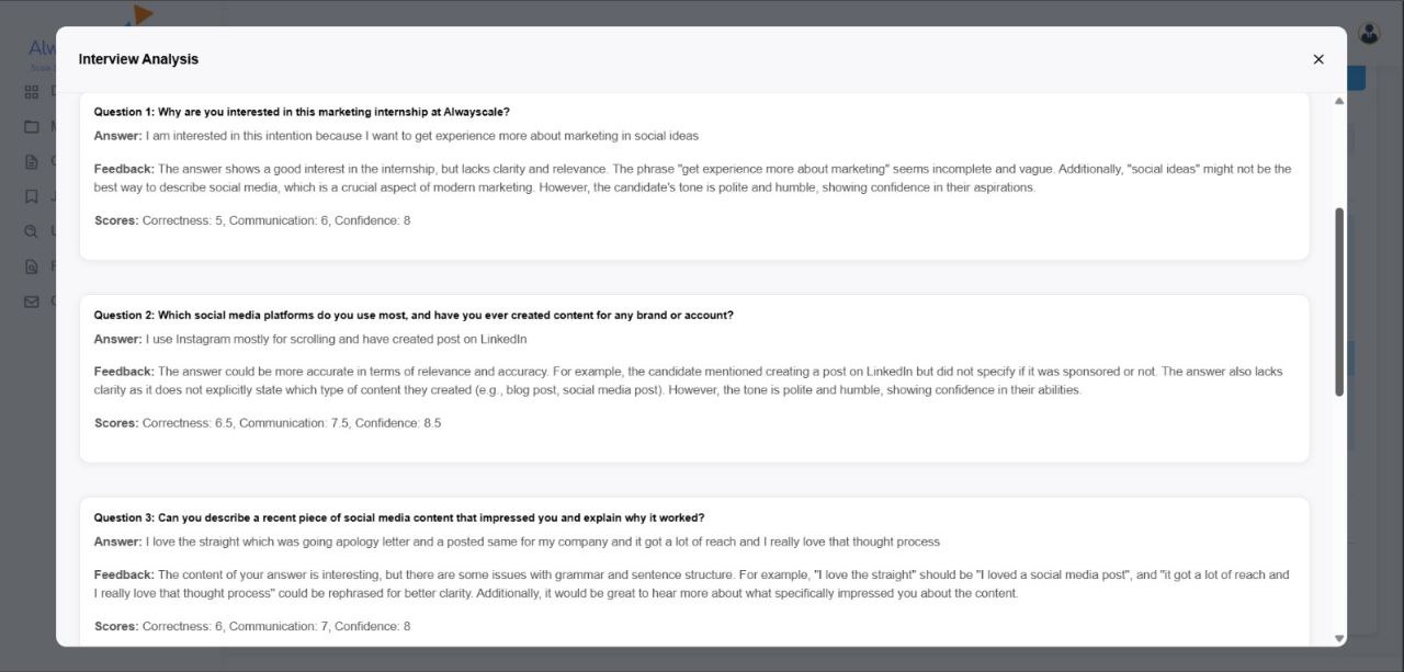 AI voice bot automated screening interface showing candidate audio responses