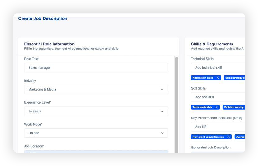 AI job description creator form interface